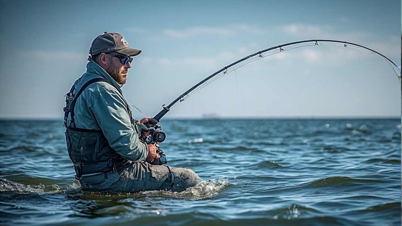 Angler fishing at Delaware Bay with fishing license and FIN number requirement text overlay