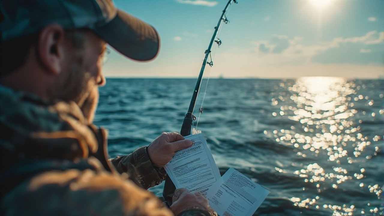 Angler holding Ohio fishing permit while fishing on Lake Erie