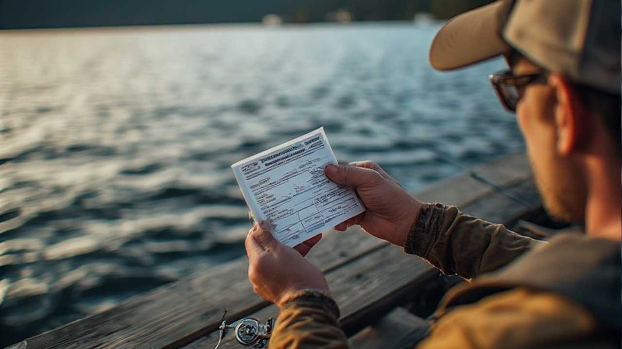 Angler holding a California sport fishing license on a lake dock
