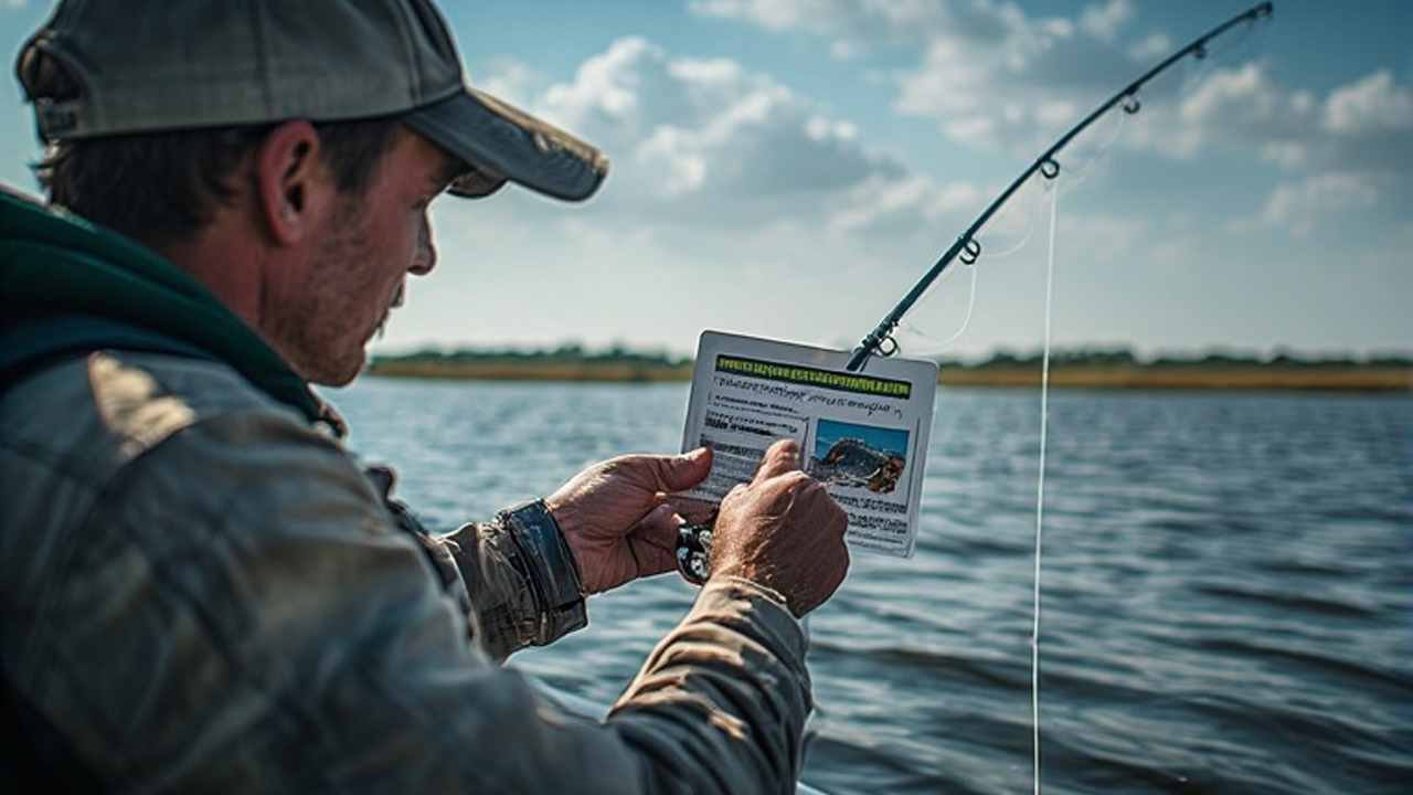 Angler holding a catfish on an Oklahoma lake with fishing license visible