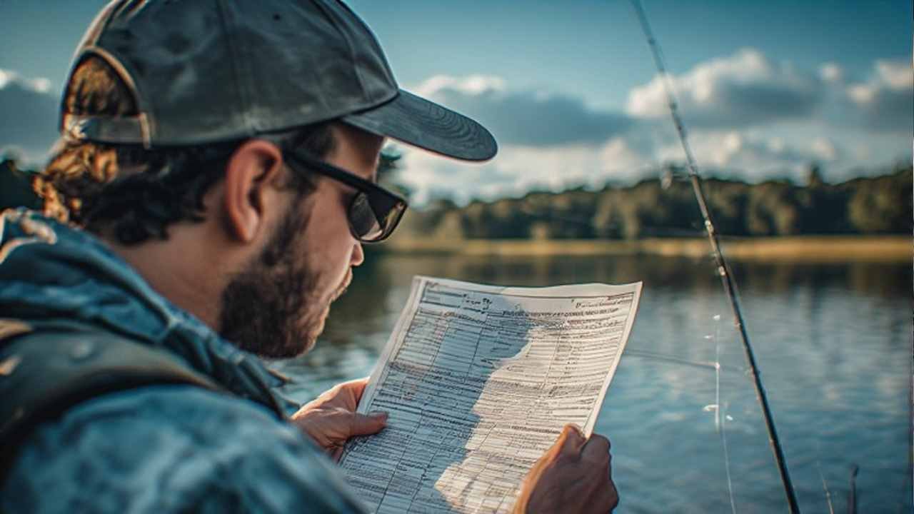 Angler holding a printed Georgia fishing license confirmation page near a lake