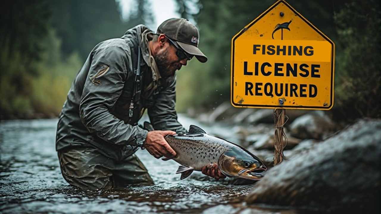 Angler holding a salmon on the Deschutes River in Oregon with fishing license required sign nearby