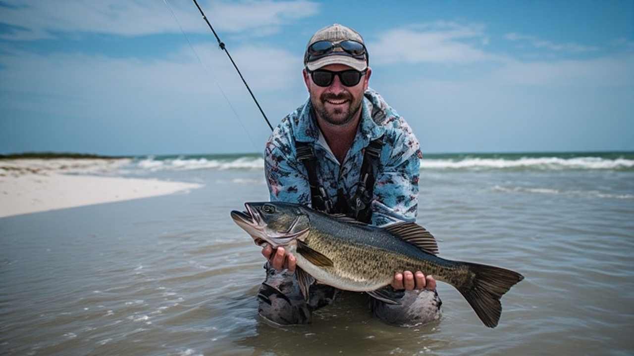 Angler holding a slot-size black drum on a Texas Gulf Coast beach