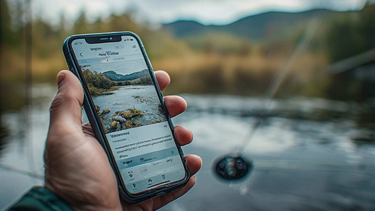 Angler holding a smartphone showing a digital Vermont fishing license