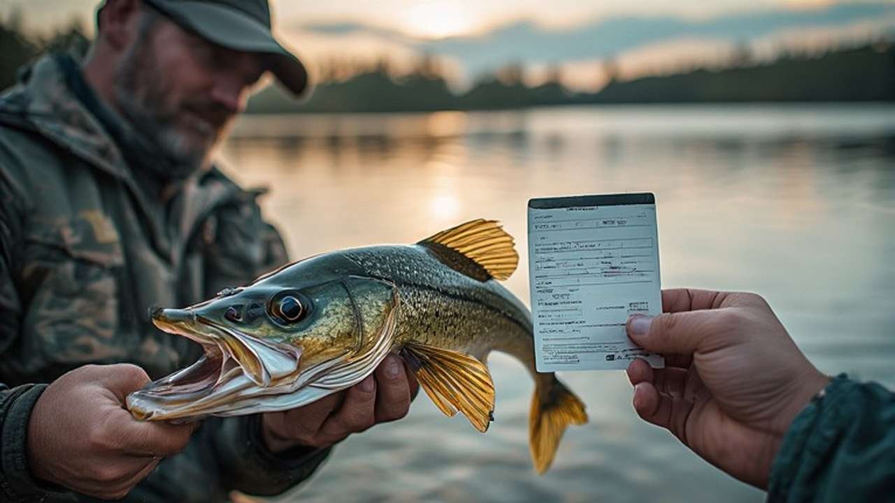 Angler holding a walleye caught on a Nebraska lake with fishing permit displayed