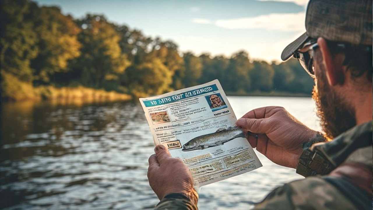 Angler holding freshwater fishing license and trout stamp at NJ lake