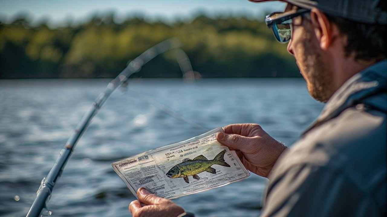 Angler holding walleye stamp on North Dakota lake with fishing permit