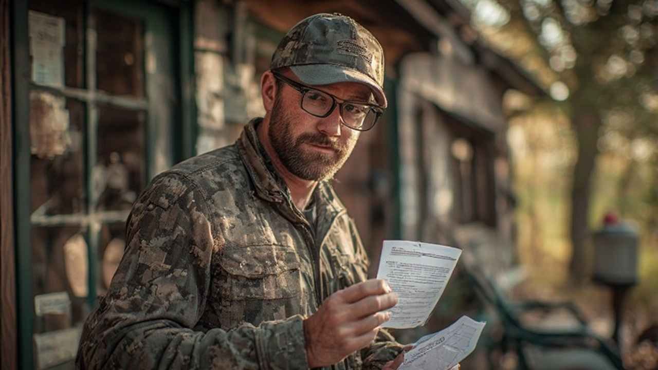 Hunter holding Wyoming elk tag and conservation stamp in the field