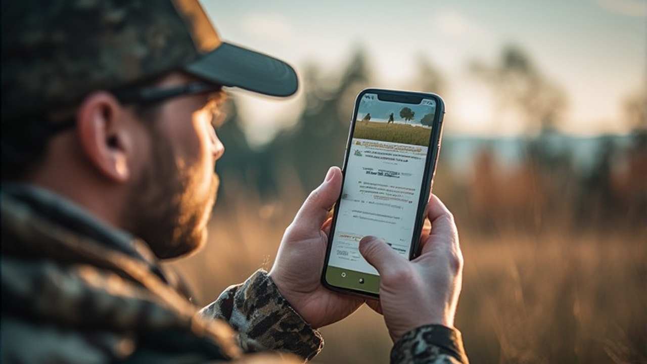 Hunter holding a smartphone showing a digital Georgia hunting license confirmation