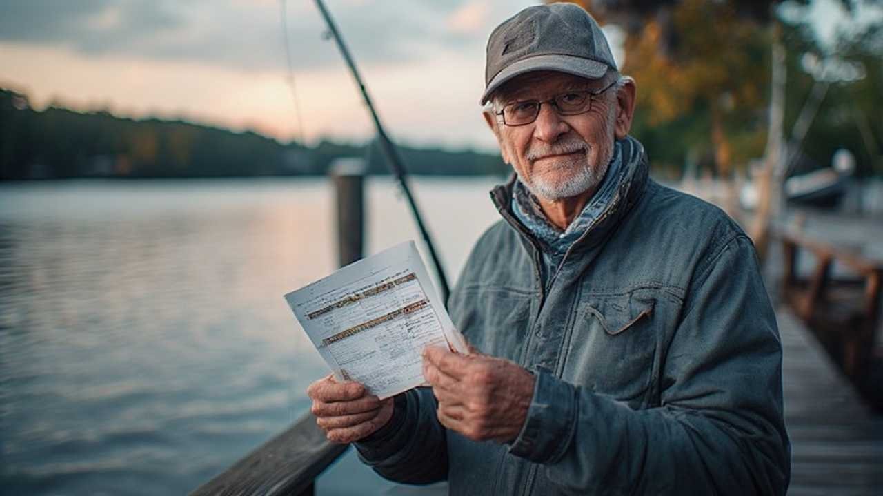 Senior angler holding a New Hampshire fishing permit on a dock