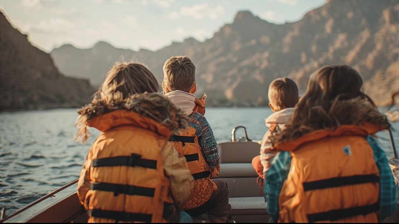 Family boating in Arizona with children wearing life jackets