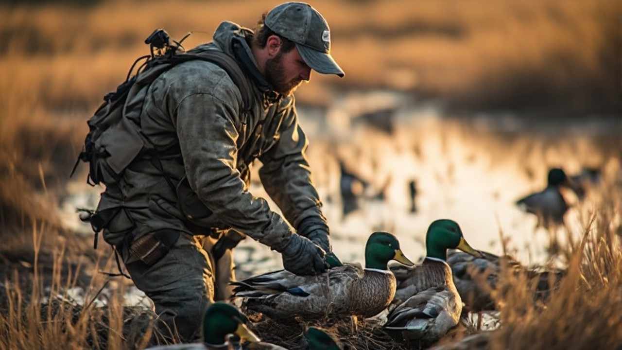 Alabama duck season hunter setup in flooded timber at sunrise