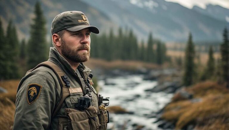Alaska Wildlife Trooper standing outdoors near rugged Alaska terrain while enforcing hunting and fishing laws