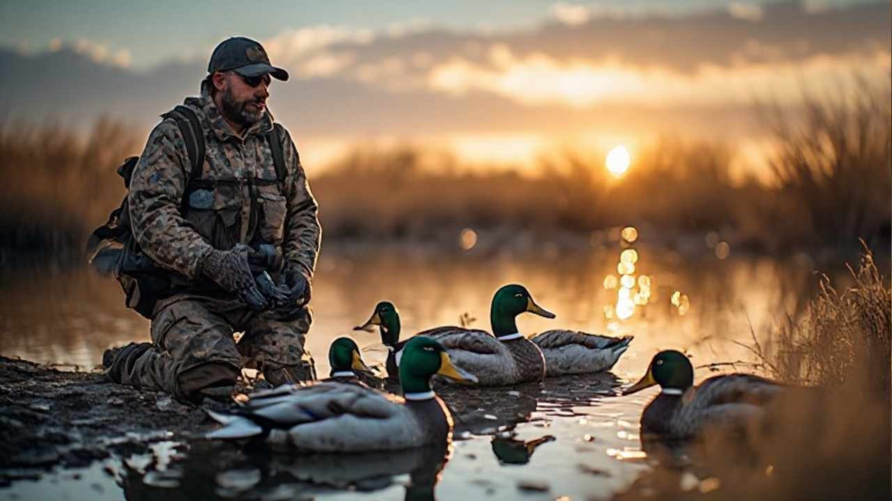 Alaska duck season hunter setup in coastal marsh with decoys at sunrise