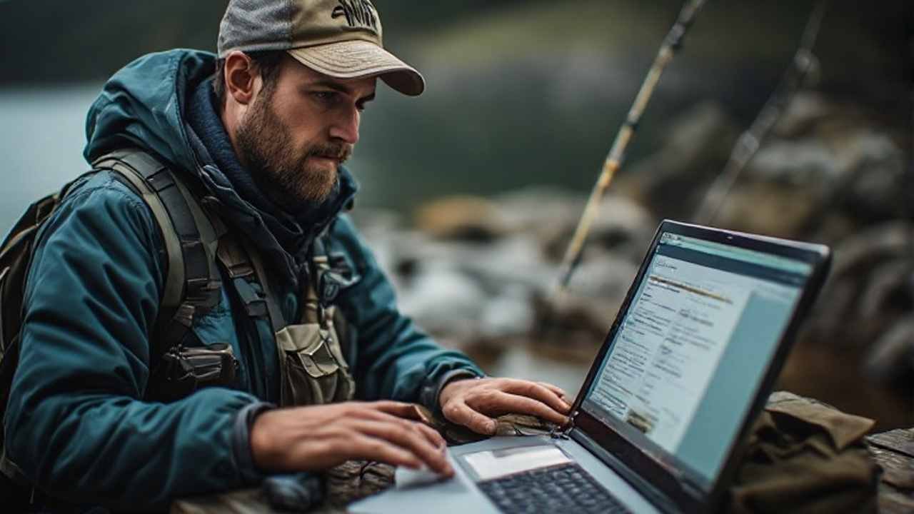 Angler buying a single-day fishing permit online on a laptop
