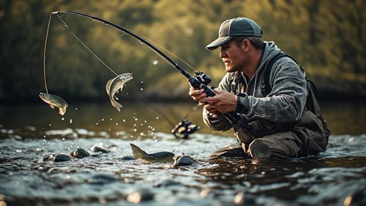 Angler casting a squarebill crankbait into a fall creek arm with bass chasing shad