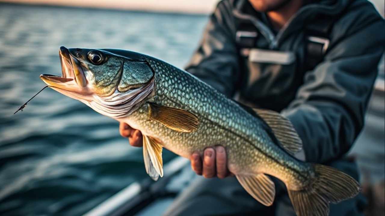 Angler holding a fall walleye caught on a jig and minnow rig, Lake Erie boat deck