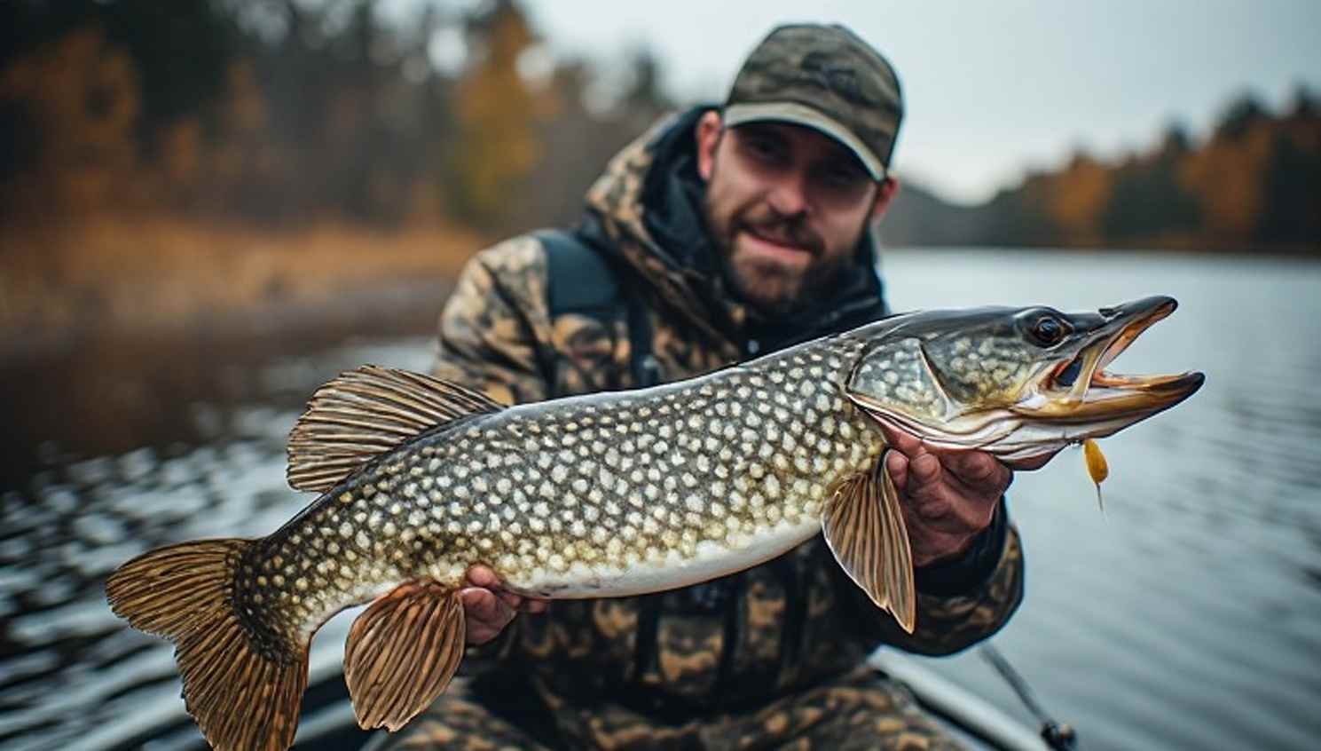 Angler holding a large northern pike caught in late November, slow-rolled spoon resting in the boat — fall trophy pike fishing at its best