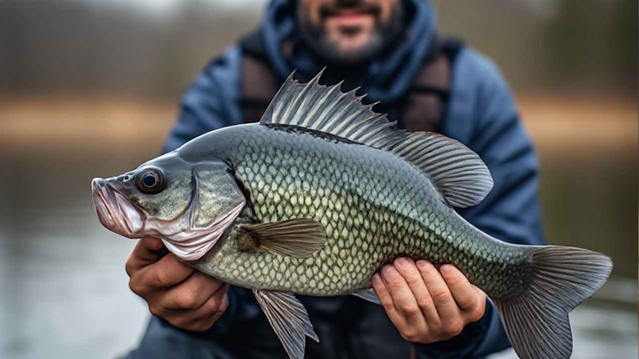 Angler holding a slab black crappie caught during the February spawn on Lake Verret