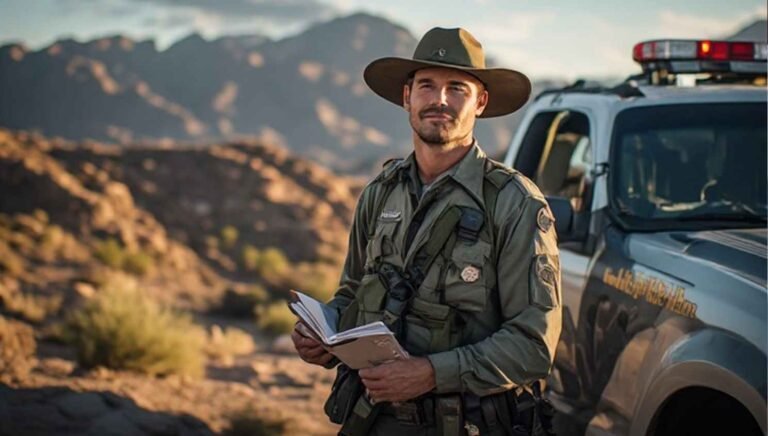 Arizona Game and Fish Department Wildlife Manager (game warden) standing beside a patrol truck on a desert ridgeline, with Arizona hunting and fishing regulations notebook visible