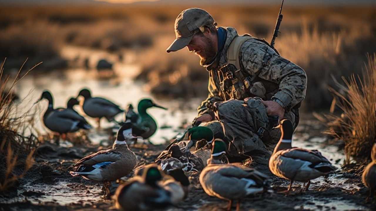 Arizona duck season hunter setting decoys in desert wetland at sunrise