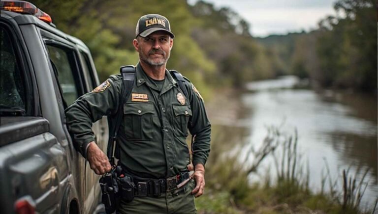 Arkansas Game and Fish Commission (AGFC) Wildlife Officer in uniform standing beside a patrol truck on a rural Arkansas riverbank, with hunting and fishing enforcement gear visible
