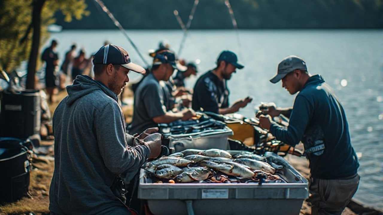 Bass fishing tournament weigh-in at a U.S. lake