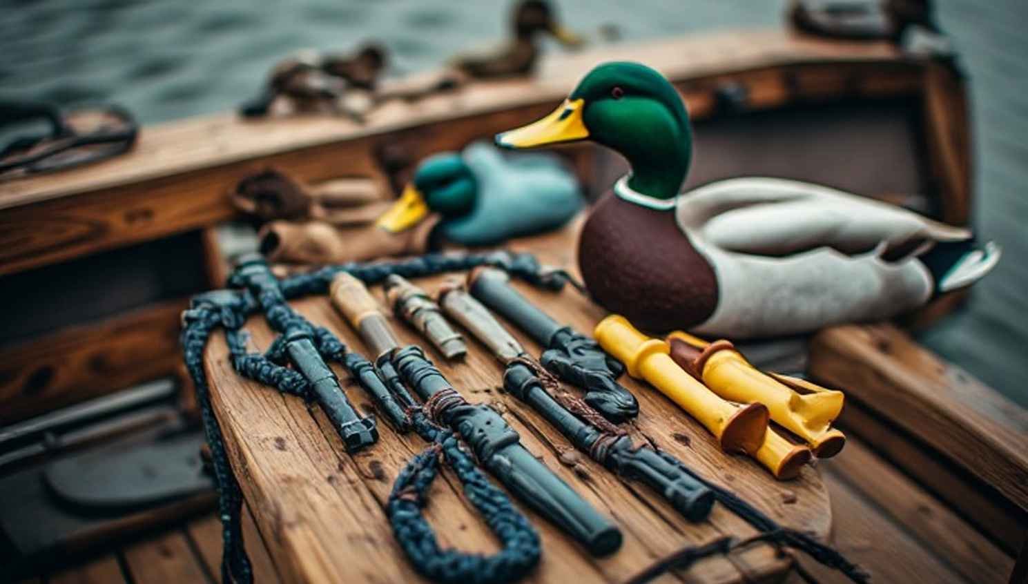 Best duck calls for early-season waterfowl hunting in 2026 laid out on a wooden boat bench with a duck call lanyard and teal decoys
