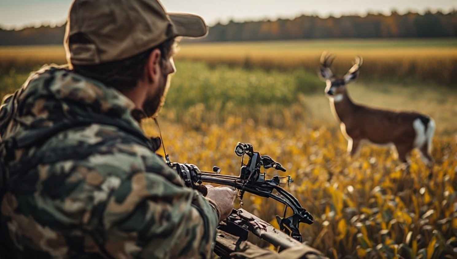 Bowhunter in a saddle stand watching a velvet whitetail buck from distance at a soybean field edge during September early-season archery hunting