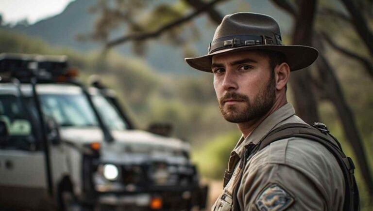 California game warden in uniform standing near a patrol truck beside a California wildlife habitat during law-enforcement field duty
