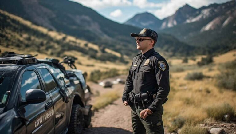 Colorado Wildlife Officer standing beside a CPW patrol vehicle in a mountainous Colorado landscape while conducting wildlife law-enforcement duties