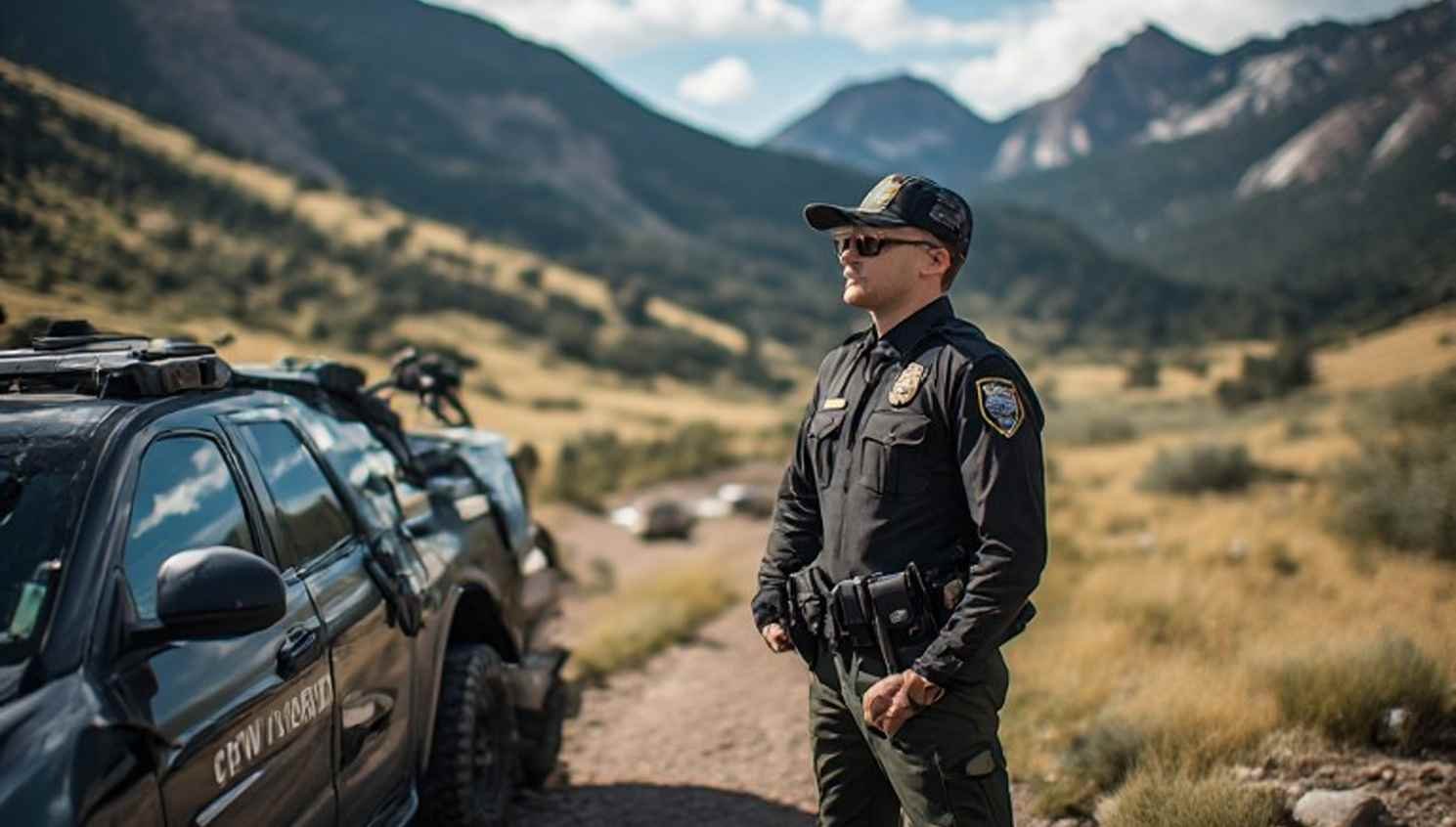 Colorado Wildlife Officer standing beside a CPW patrol vehicle in a mountainous Colorado landscape while conducting wildlife law-enforcement duties