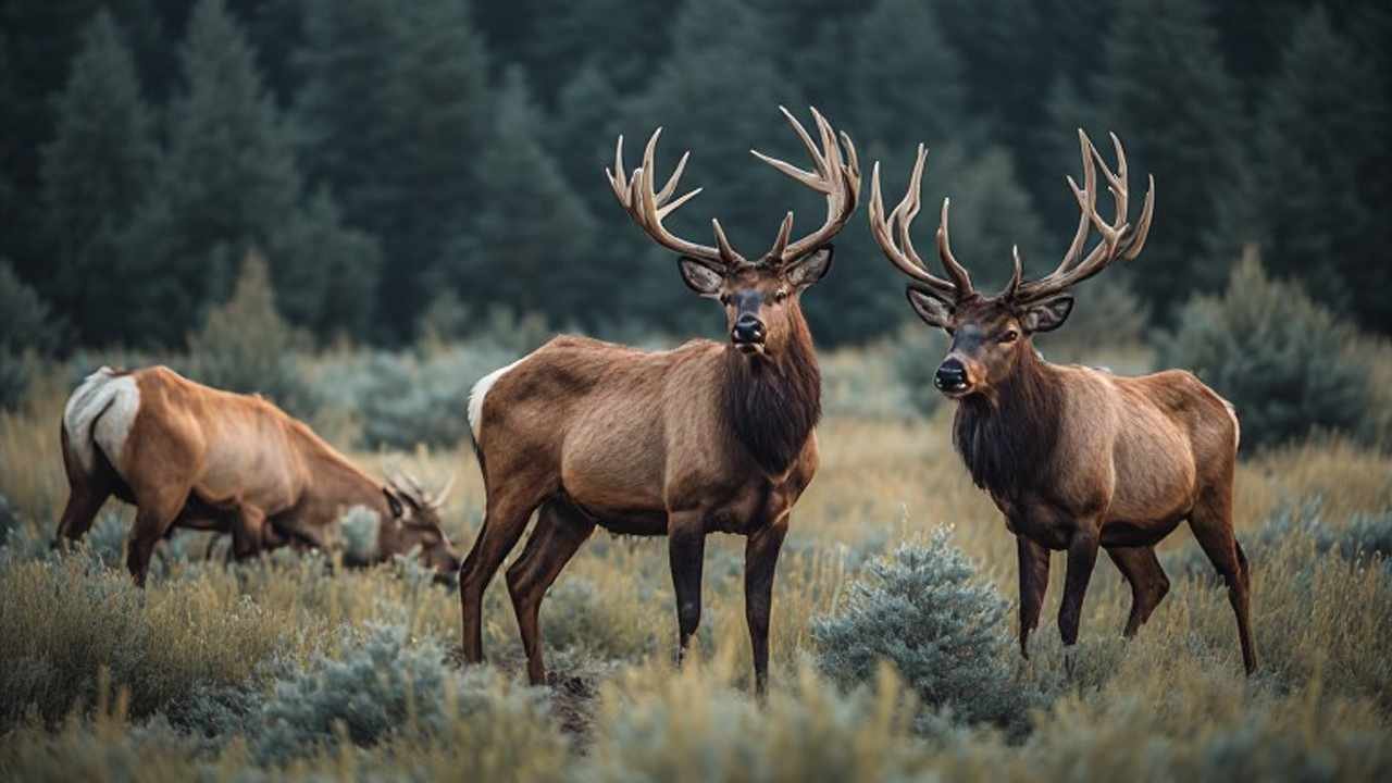 Cow elk and bull elk at twilight near a Colorado spruce meadow