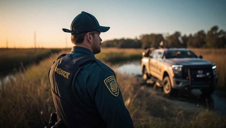 Delaware Fish and Wildlife Natural Resources Police officer in uniform on patrol near a tidal marsh, with a DNREC patrol truck visible in the background under early-morning light