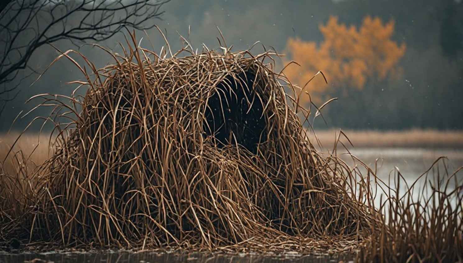 Duck hunting blind brushed with cattails on a marsh edge in late October