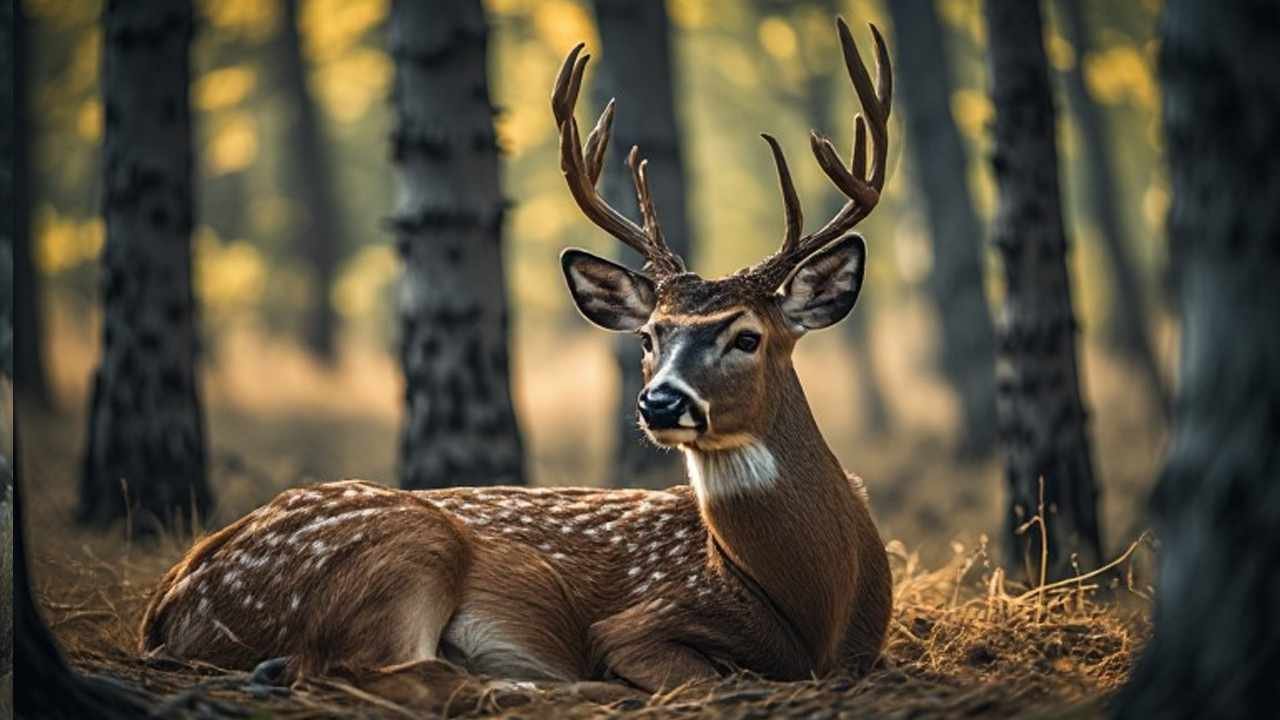 Early-season mule deer buck in velvet bedded under an aspen stand