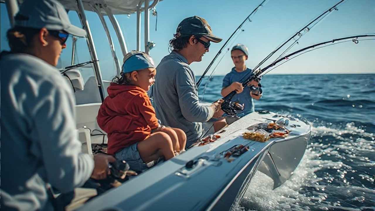 Family fishing on a half-day Myrtle Beach charter boat with rods and bait