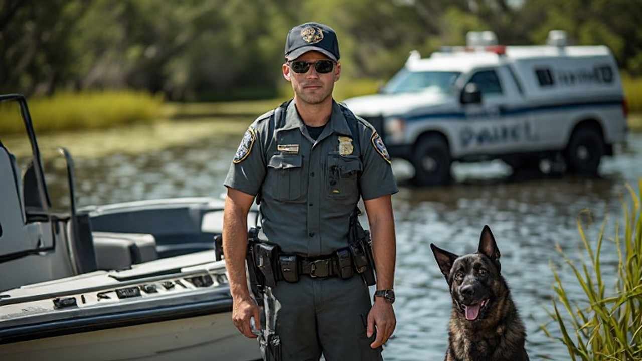 Florida game warden (FWC law enforcement officer) in patrol uniform with K-9 partner standing beside a patrol boat on a Florida waterway, with a patrol truck and marshland habitat in the background