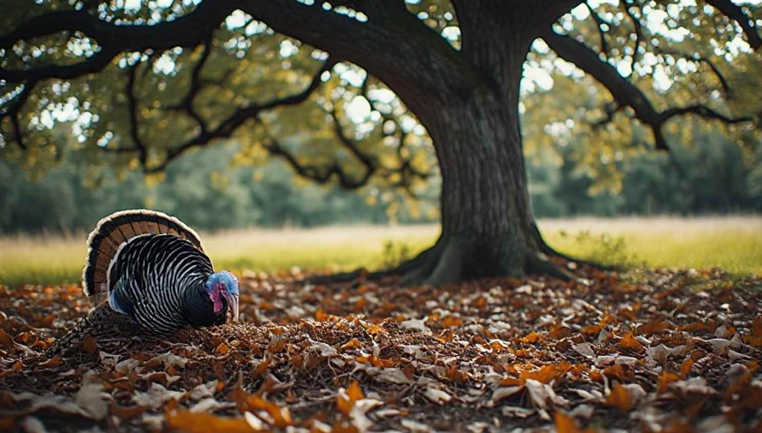 Fresh turkey scratching and overturned leaf litter under a white oak tree — classic sign of an active fall feeding area