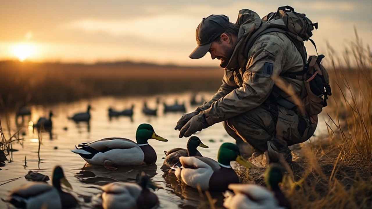 Hunter setting a mallard decoy spread on a prairie wetland at sunrise during the Iowa duck season