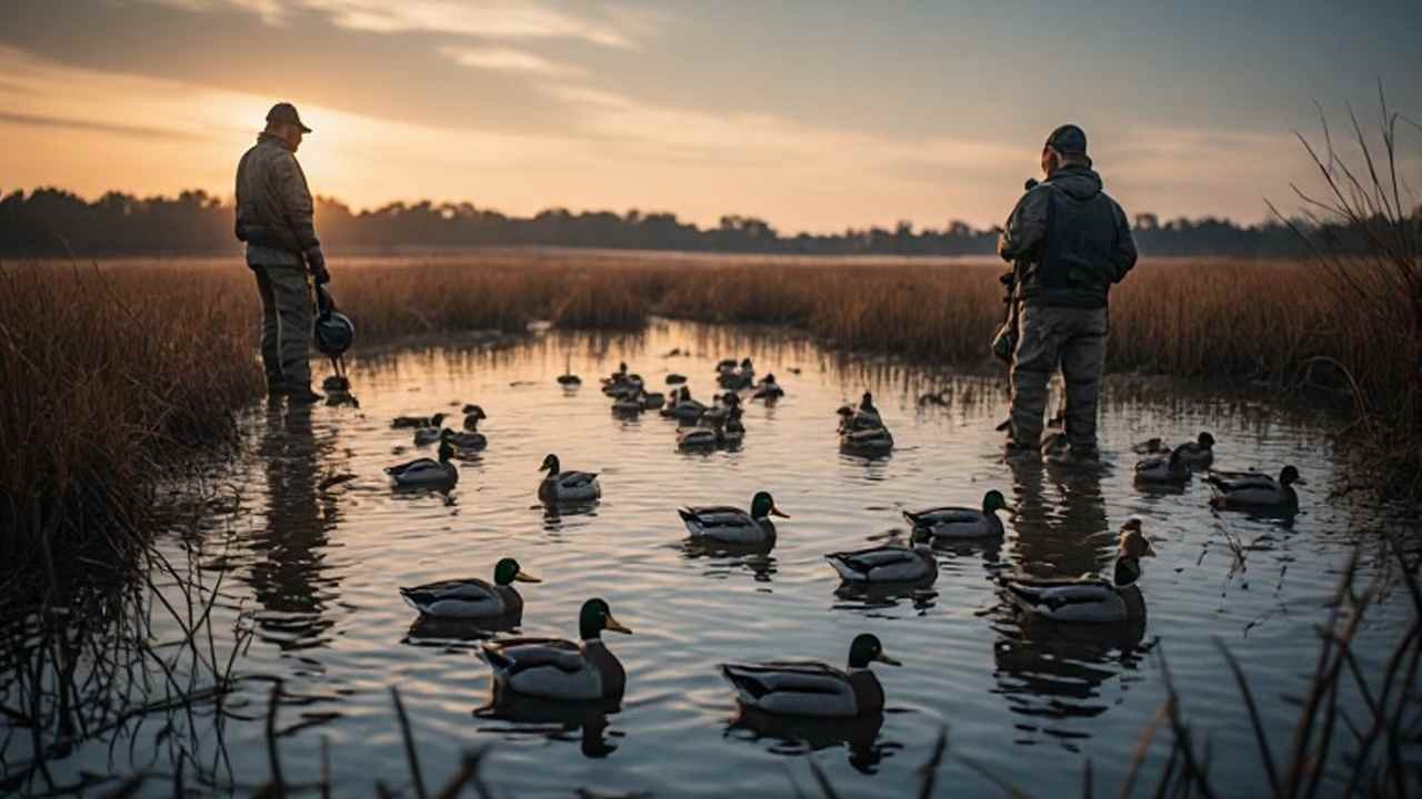 Hunters setting decoy spreads at sunrise on a Delaware tidal marsh during the duck season