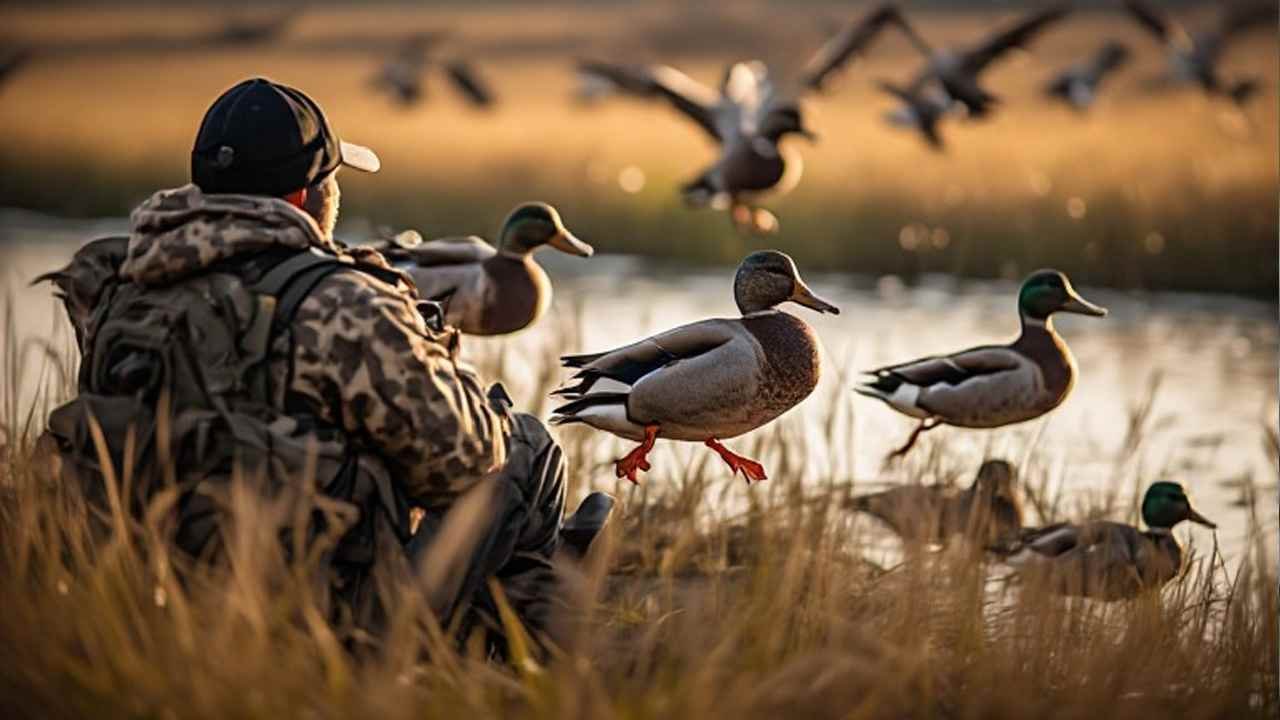 Idaho duck season hunter watching mallards over a wetland at sunrise