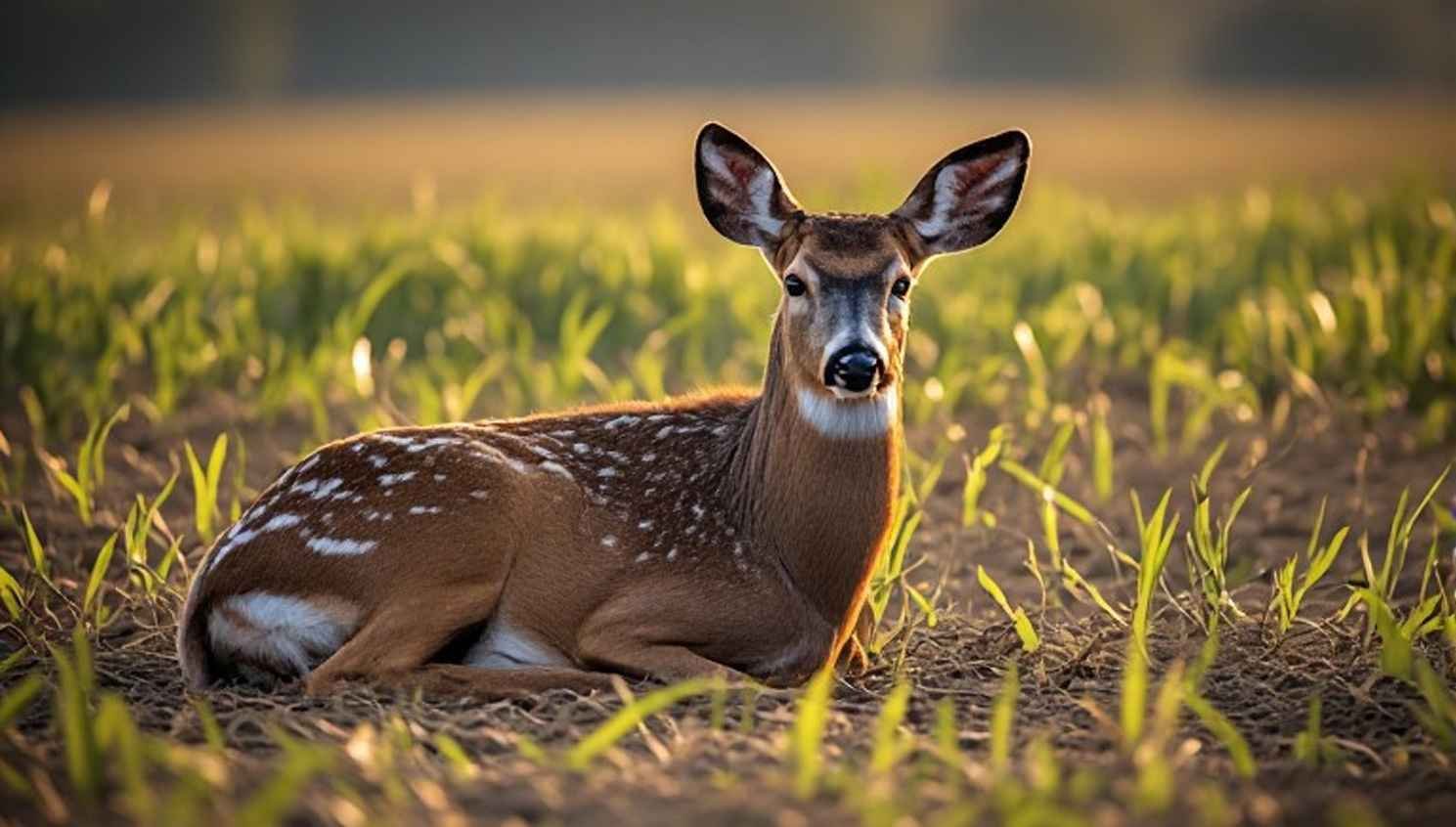 Iowa whitetail buck bedded in a CRP field at dawn — record-book deer habitat in the Midwest