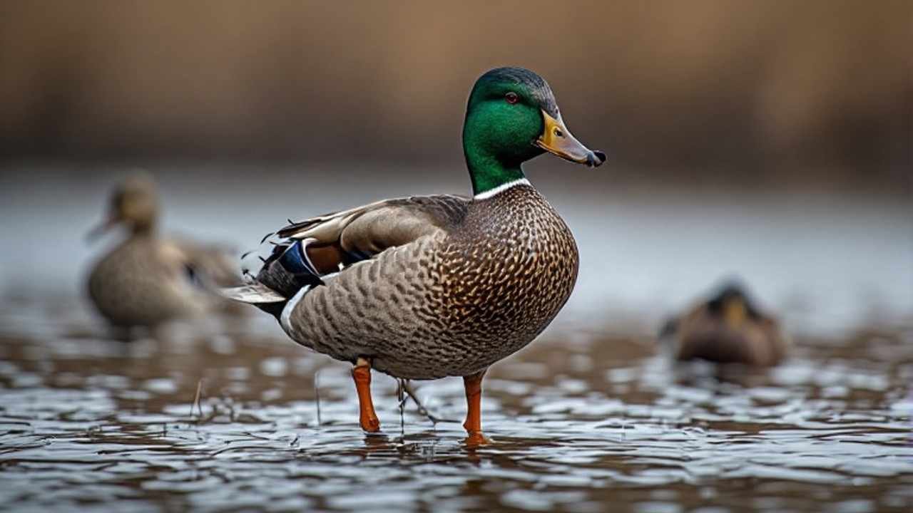Mallard ducks dropping into flooded timber greentree reservoir during Arkansas duck season