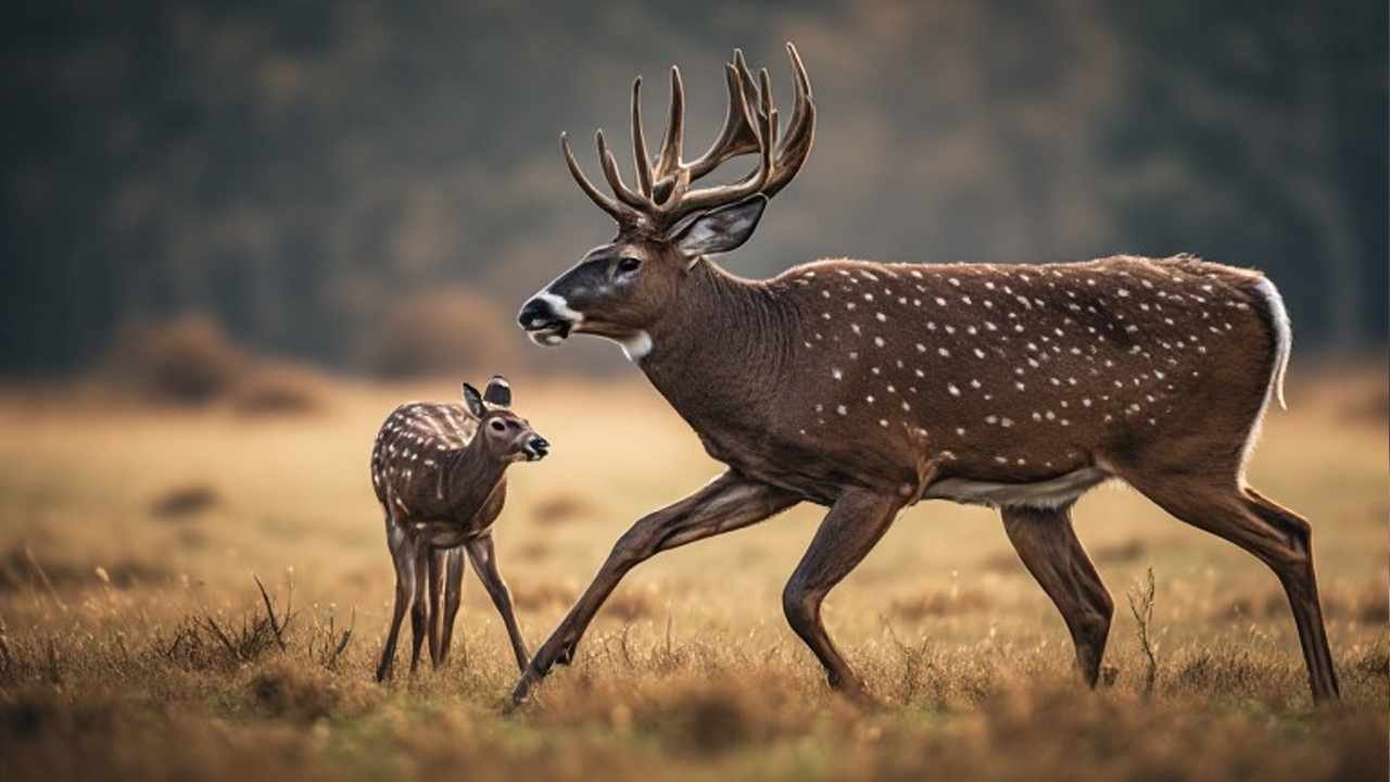 Mature whitetail buck chasing doe during peak rut