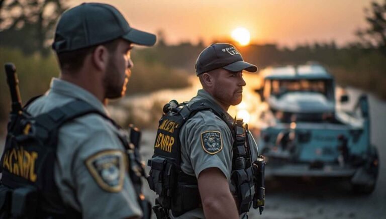 Two Alabama Conservation Enforcement Officers in ADCNR uniforms patrolling a Wildlife Management Area at dawn, with a marked pickup and boat visible in the background