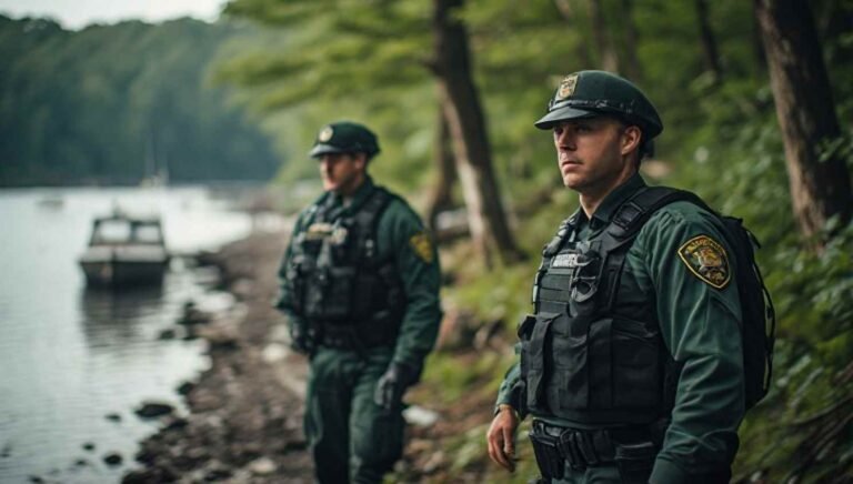 Two Connecticut Environmental Conservation Police Officers patrolling a forested shoreline in green uniforms, boat visible in the background