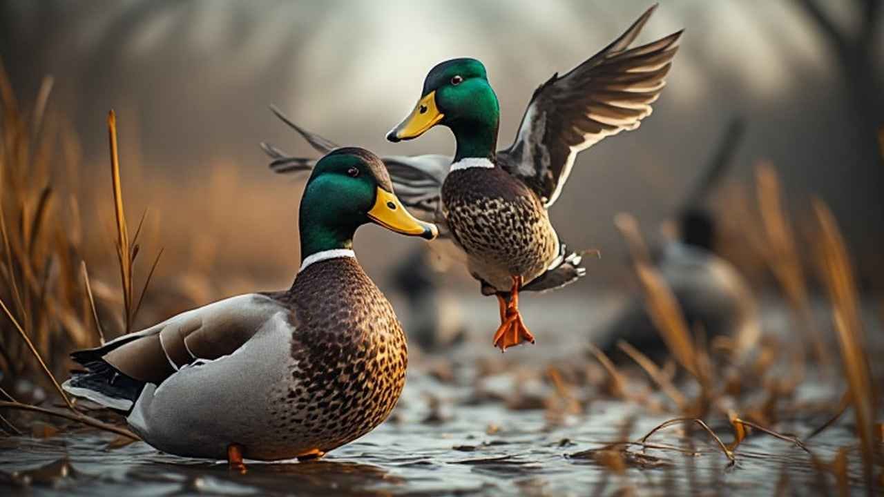 Hunter in camouflage waders setting decoys on a New Hampshire marsh at sunrise during duck season
