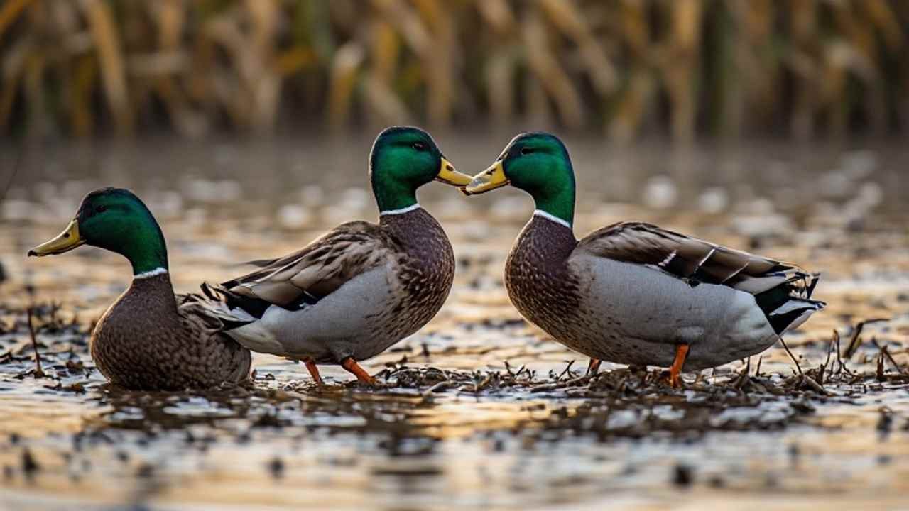 Hunter in camouflage wading a flooded timber bottom in western Kentucky at dawn during duck season, shotgun at the ready among duck decoys