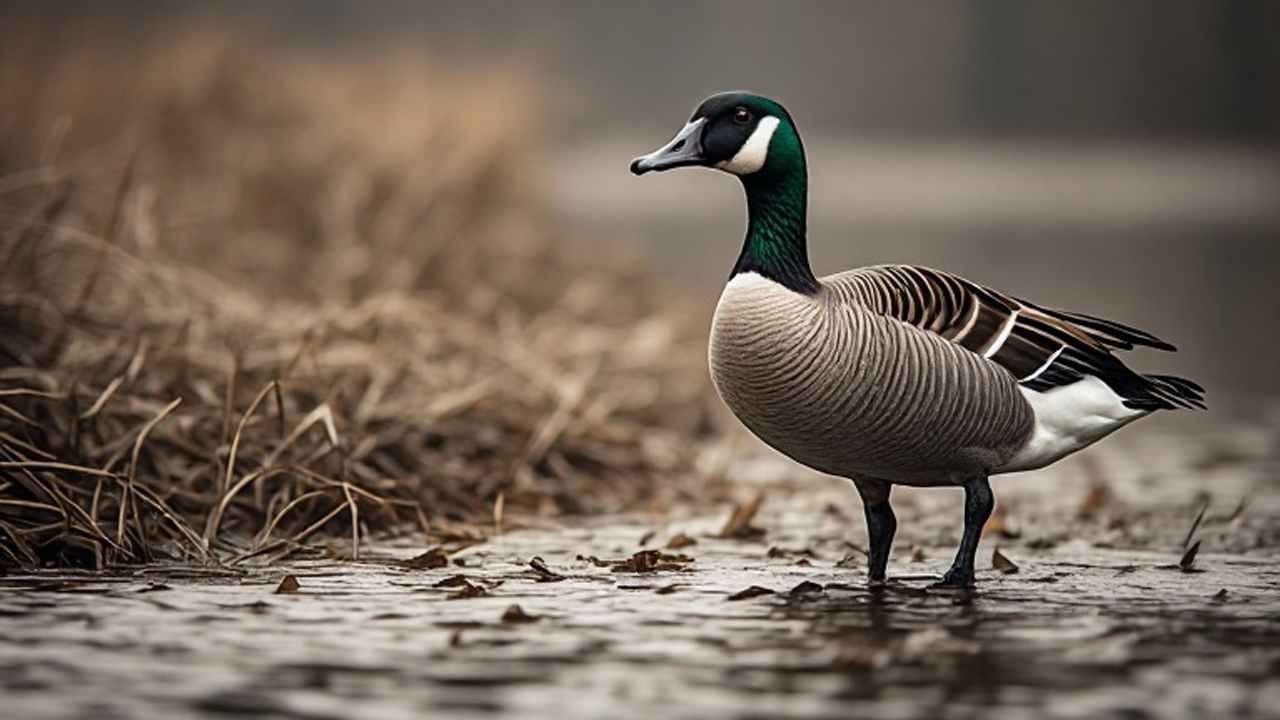 Hunter setting out goose decoy spread in picked cornfield ahead of December cold front